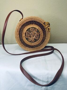 Round Woven Crossbody Bag with Brown Leather Strap